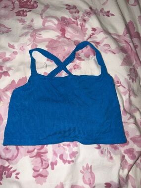 Garage Bright Blue Ribbed Cropped Tank with Cross Back Straps